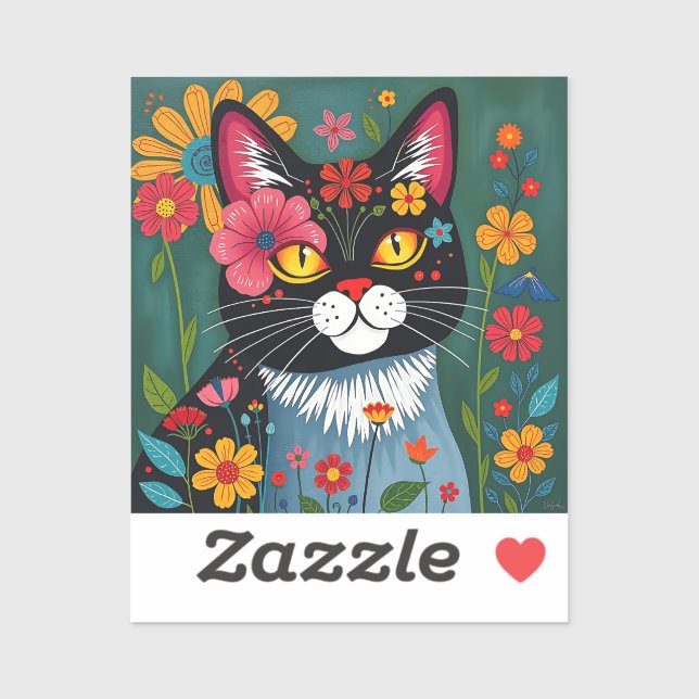 Black and White Folk Art Cat and Flowers Whimsical Sticker (Sheet)