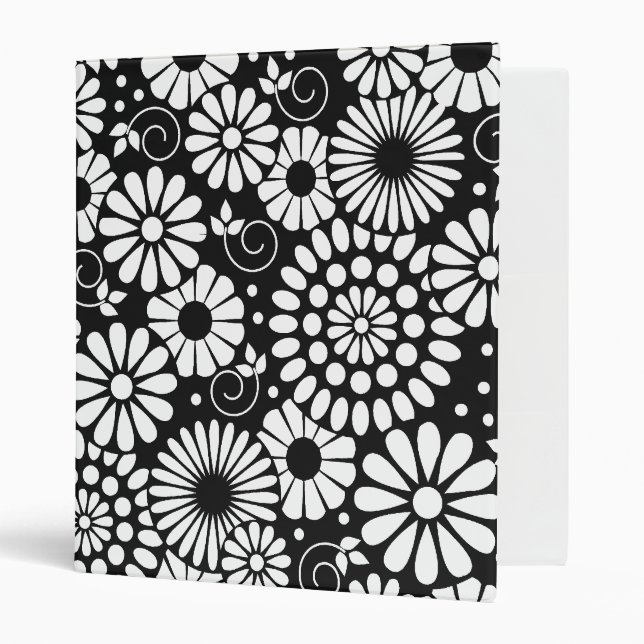 Black and White Folk Flowers Chic Retro Pattern Binder (Front/Inside)