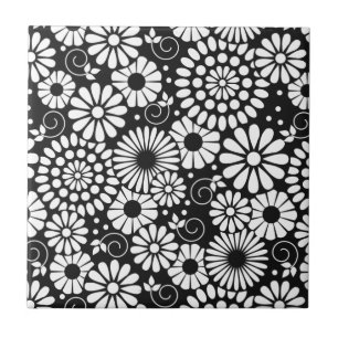 Black and White Folk Flowers Chic Retro Pattern Ceramic Tile