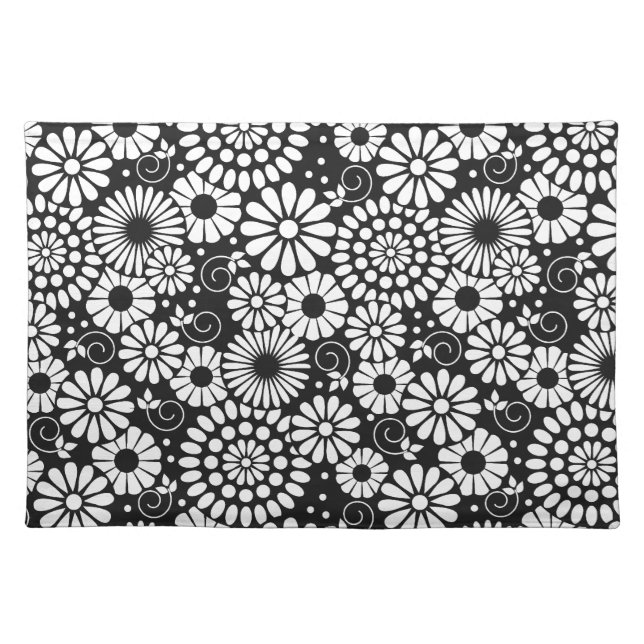 Black and White Folk Flowers Chic Retro Pattern Cloth Placemat (Front)