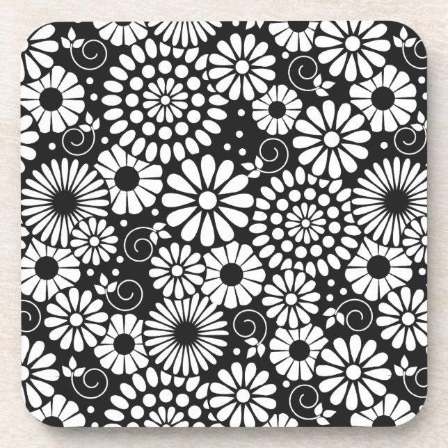 Black and White Folk Flowers Chic Retro Pattern Coaster (Front)