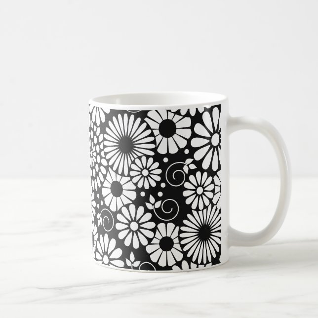 Black and White Folk Flowers Chic Retro Pattern Coffee Mug (Right)