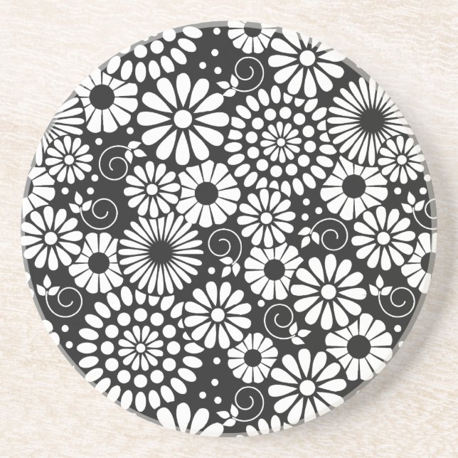 Black and White Folk Flowers Chic Retro Pattern Drink Coaster (Front)