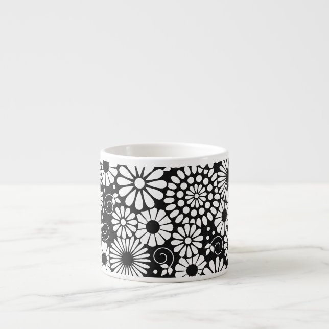 Black and White Folk Flowers Chic Retro Pattern Espresso Cup (Front)