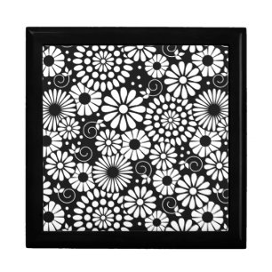 Black and White Folk Flowers Chic Retro Pattern Jewelry Box