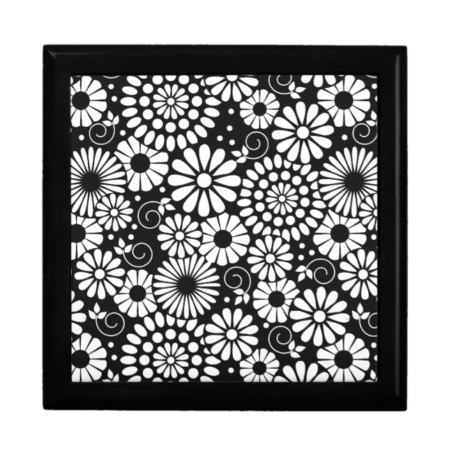 Black and White Folk Flowers Chic Retro Pattern Jewelry Box (Front)