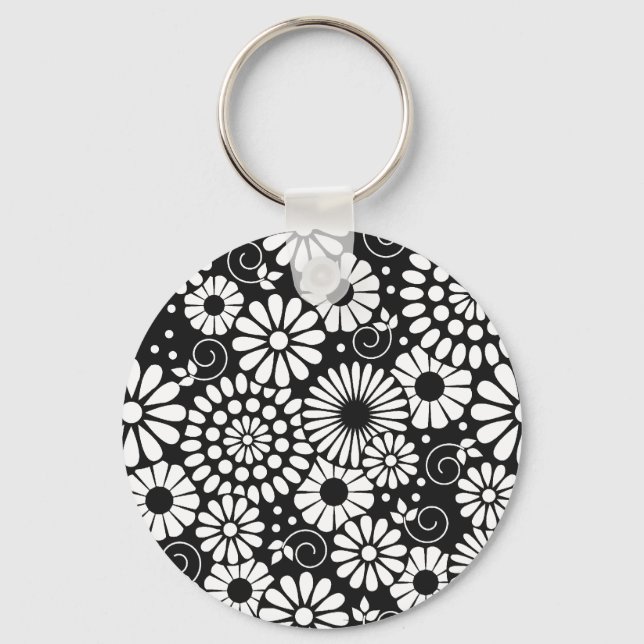 Black and White Folk Flowers Chic Retro Pattern Keychain (Front)
