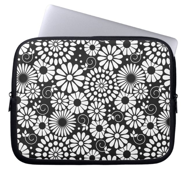 Black and White Folk Flowers Chic Retro Pattern Laptop Sleeve (Front)