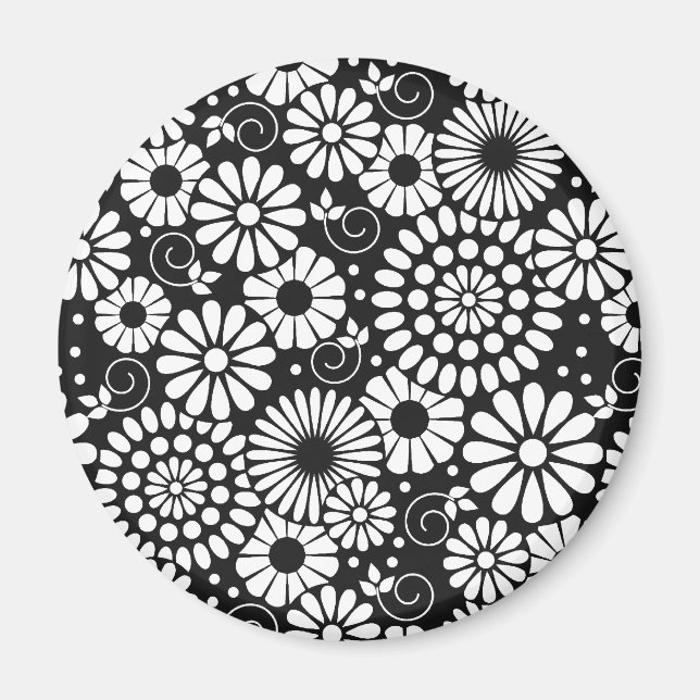 Black and White Folk Flowers Chic Retro Pattern Magnet (Front)