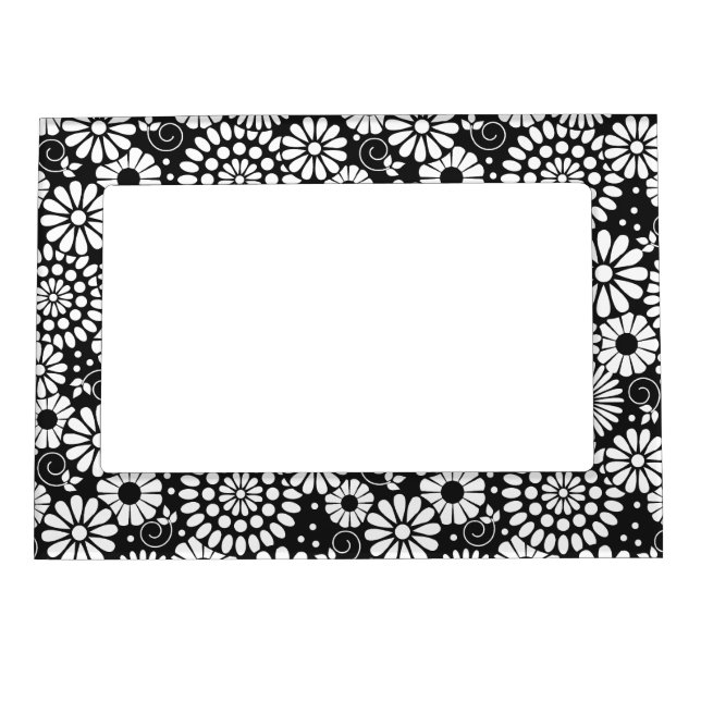 Black and White Folk Flowers Chic Retro Pattern Magnetic Frame (Front)