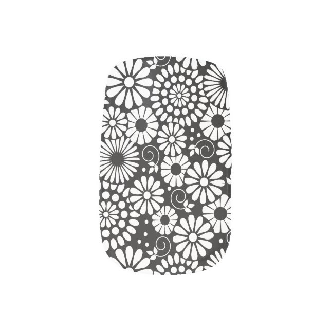 Black and White Folk Flowers Chic Retro Pattern Minx Nail Art (Left Thumb)
