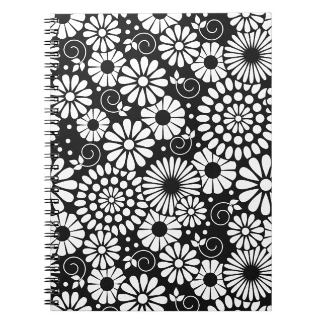 Black and White Folk Flowers Chic Retro Pattern Notebook (Front)