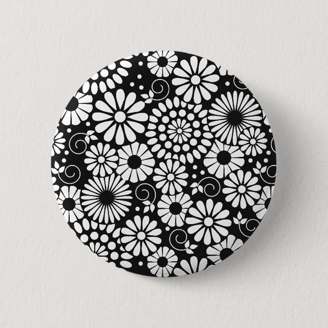 Black and White Folk Flowers Chic Retro Pattern Pinback Button (Front)