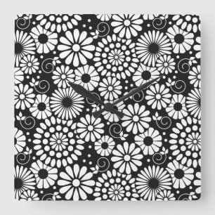 Black and White Folk Flowers Chic Retro Pattern Square Wall Clock