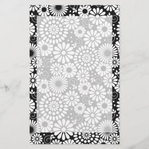Black and White Folk Flowers Chic Retro Pattern Stationery