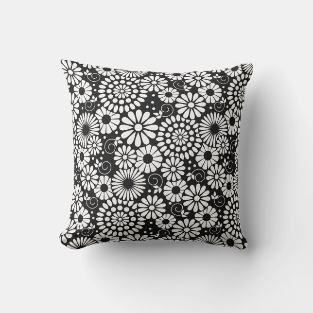 Black and White Folk Flowers Chic Retro Pattern Throw Pillow (Front)