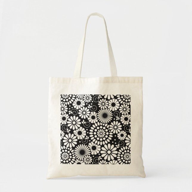 Black and White Folk Flowers Chic Retro Pattern Tote Bag (Front)