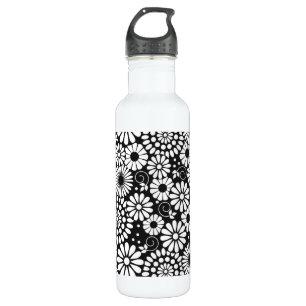 Black and White Folk Flowers Chic Retro Pattern Water Bottle