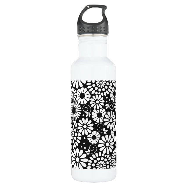 Black and White Folk Flowers Chic Retro Pattern Water Bottle (Front)