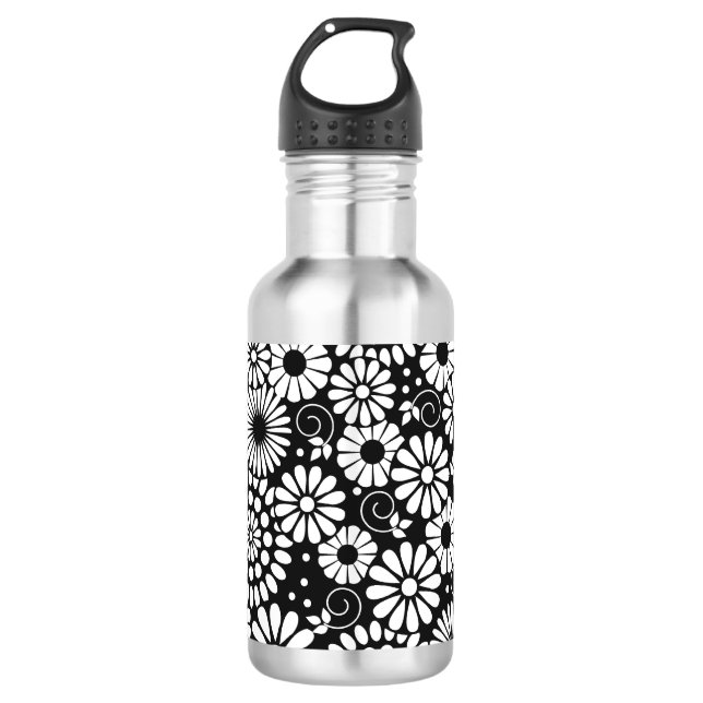 Black and White Folk Flowers Chic Retro Pattern Water Bottle (Front)