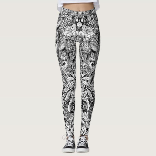 Black and white forest birds and berries legging