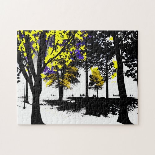 Black and White Forest with Yellow and Purple Jigsaw Puzzle