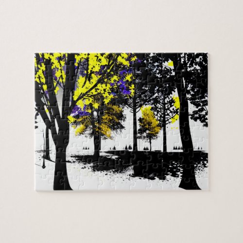 Black and White Forest with Yellow Purple Leaves Jigsaw Puzzle