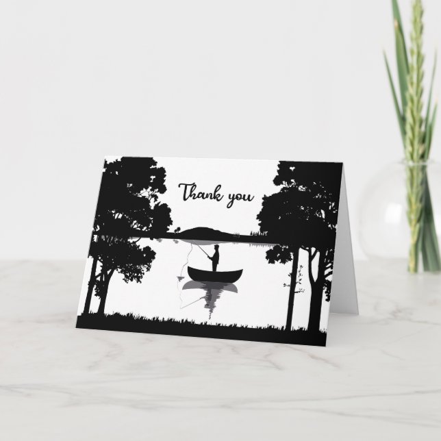 Black And White Forever Fishing Memorial Funeral Thank You Card (Front)
