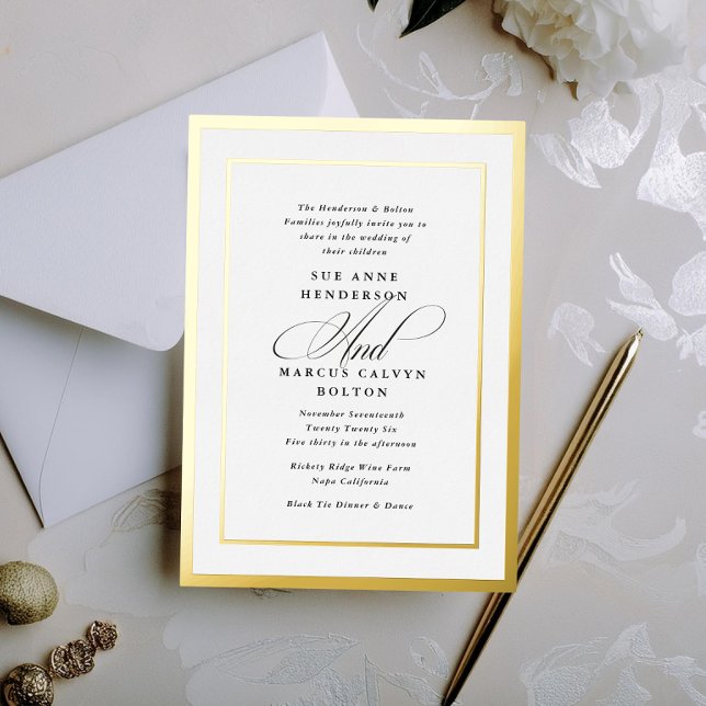 Black and White Formal Calligraphy Foil Wedding Invitation (Creator Uploaded)
