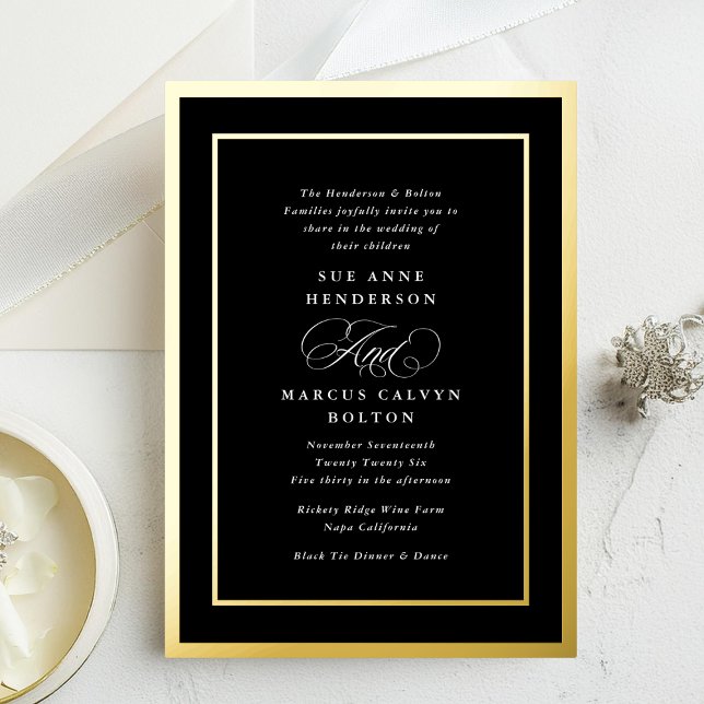 Black and White Formal Gold Frames Wedding Foil Invitation (Creator Uploaded)