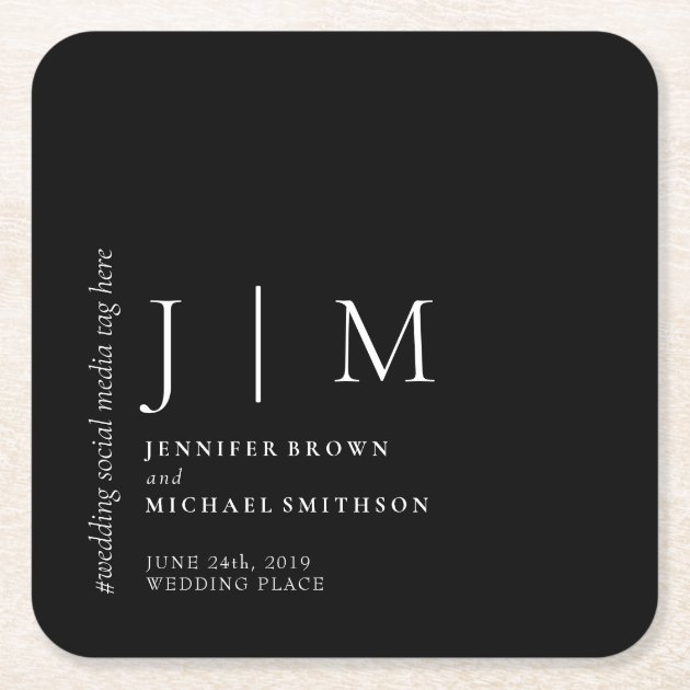 Black and White Formal Simple Elegant Wedding Square Paper Coaster