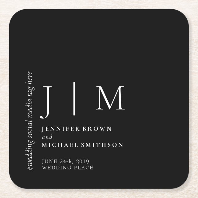 Black and White Formal Simple Elegant Wedding Square Paper Coaster (Front)