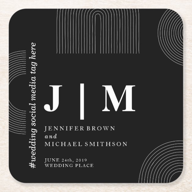 Black and White Formal Simple Geometric Wedding Square Paper Coaster