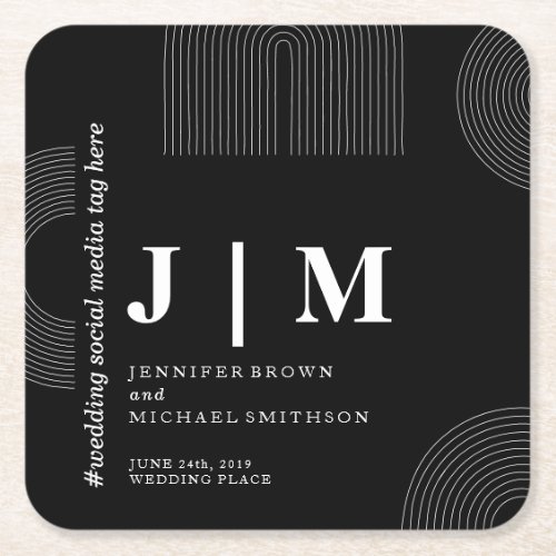 Black and White Formal Simple Geometric Wedding Square Paper Coaster
