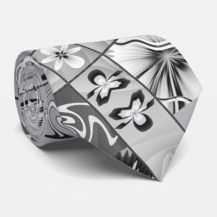 Black and White Fractal Flowers Floral Pattern Neck Tie