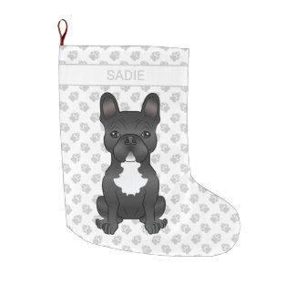 Black And White French Bulldog Cartoon Dog &amp; Name Large Christmas Stocking