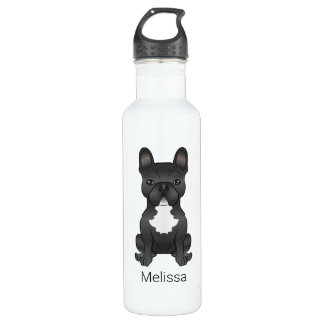 Black And White French Bulldog Cartoon Dog &amp; Name Stainless Steel Water Bottle