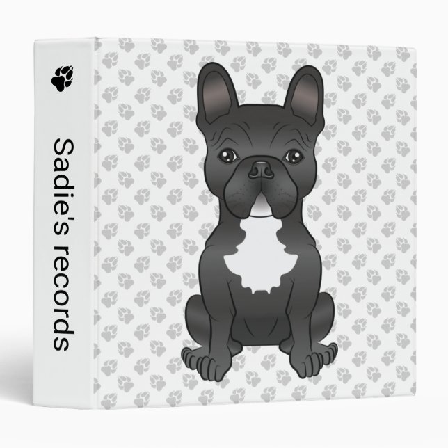 Black And White French Bulldog Cartoon Dog & Text 3 Ring Binder (Front/Spine)