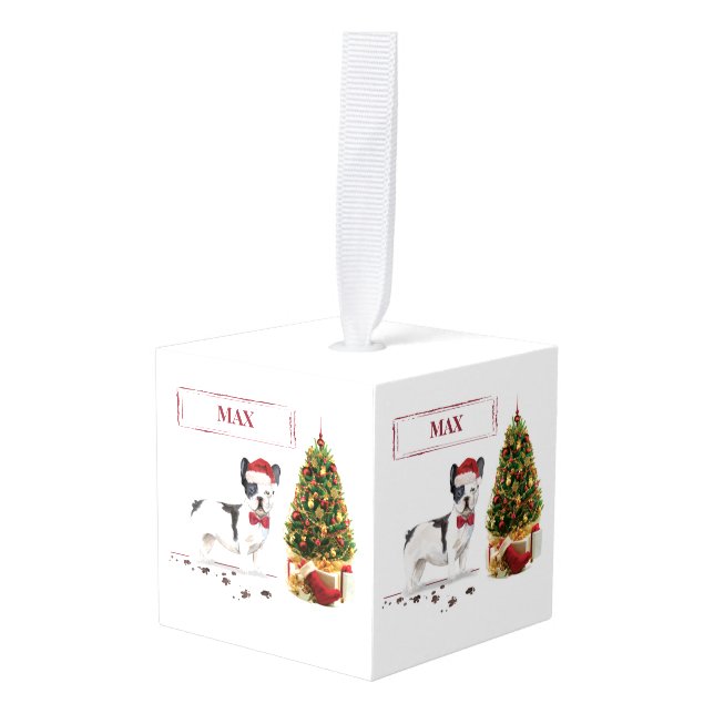Black and White French Bulldog Christmas Dog  Cube Ornament (Front Angled)