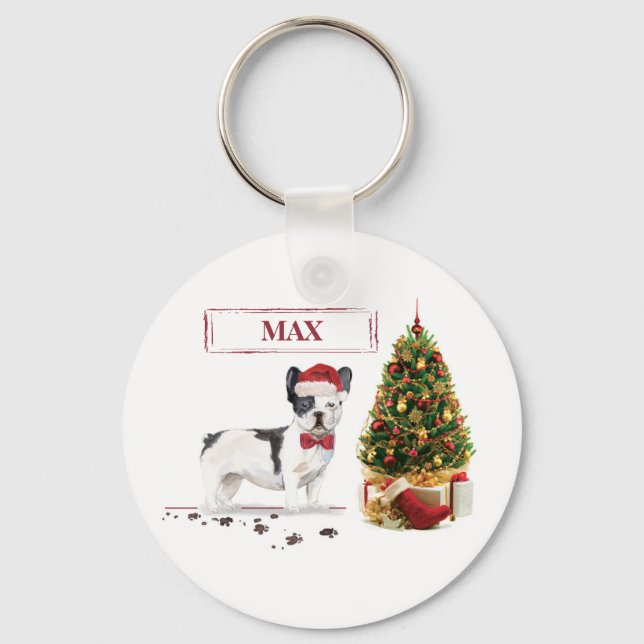 Black and White French Bulldog Christmas Dog  Keychain (Front)