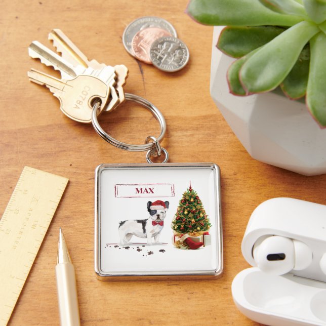Black and White French Bulldog Christmas Dog  Keychain (Desk)