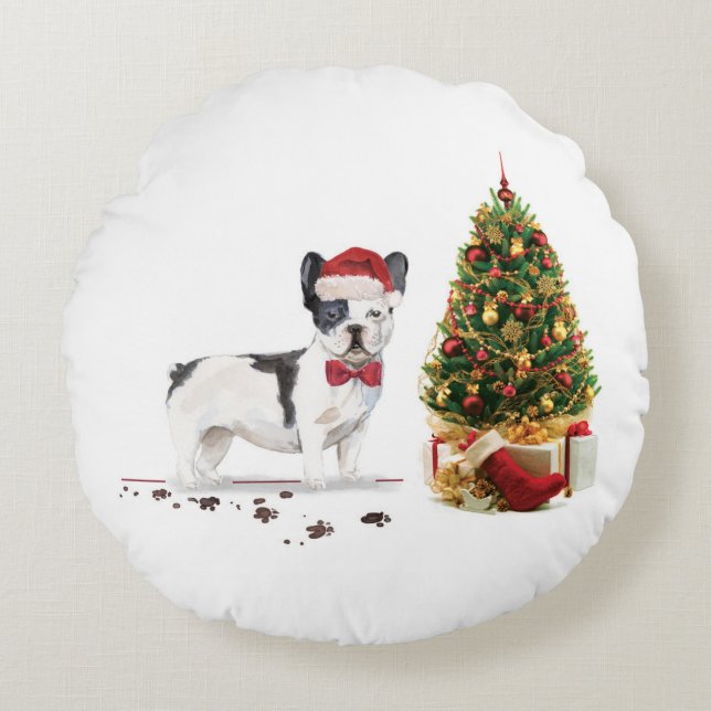 Black and White French Bulldog Christmas Dog  Round Pillow (Front)