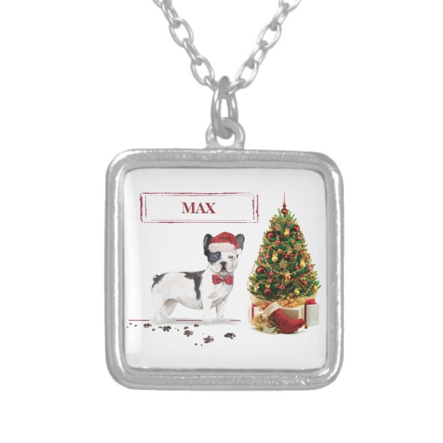 Black and White French Bulldog Christmas Dog  Silver Plated Necklace (Front)