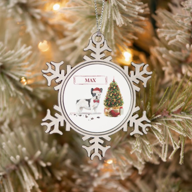 Black and White French Bulldog Christmas Dog  Snowflake Pewter Christmas Ornament (Tree)