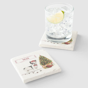 Black and White French Bulldog Christmas Dog Stone Coaster