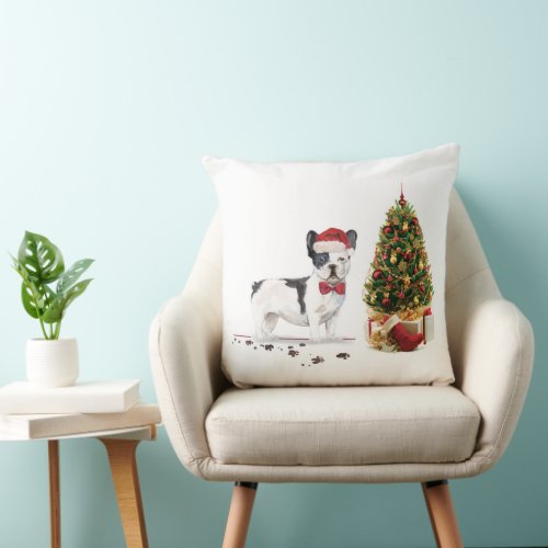 Black and White French Bulldog Christmas Dog  Throw Pillow