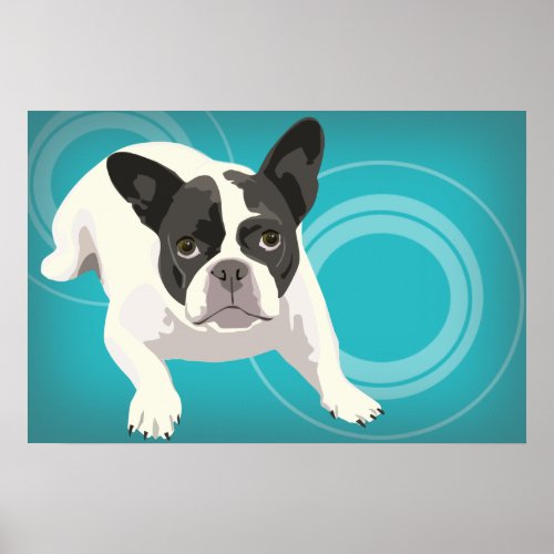 Black and White French Bulldog on Blue Background Poster