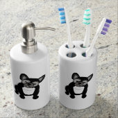 Black and White French Bulldog Soap Dispenser & Toothbrush Holder (Front)