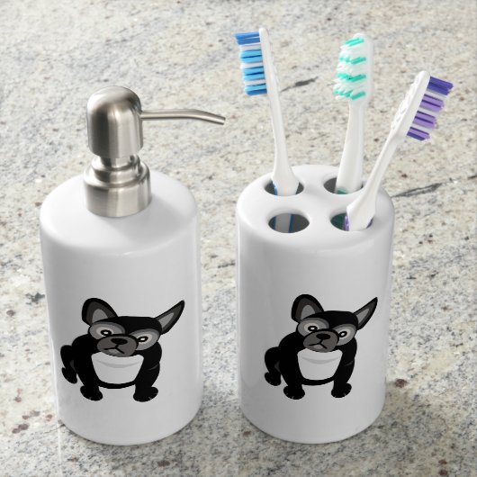 Black and White French Bulldog Soap Dispenser & Toothbrush Holder (Front)