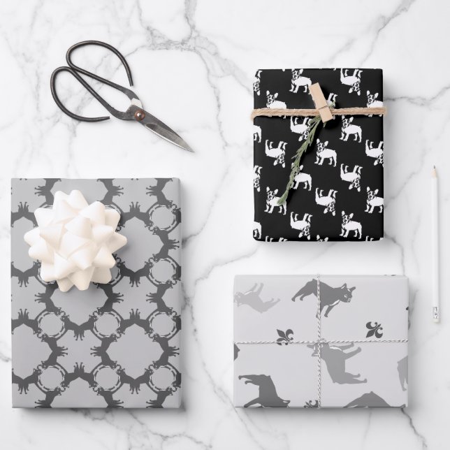 Black and White French Bulldogs  Wrapping Paper Sheets (Front)
